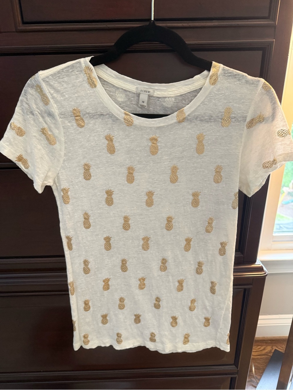 J. Crew White Short Sleeve Tee with Gold Pineapple Pattern